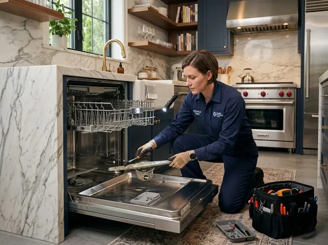 Appliance Repair Hero technician servicing a built-in dishwasher in a Alto, MI kitchen