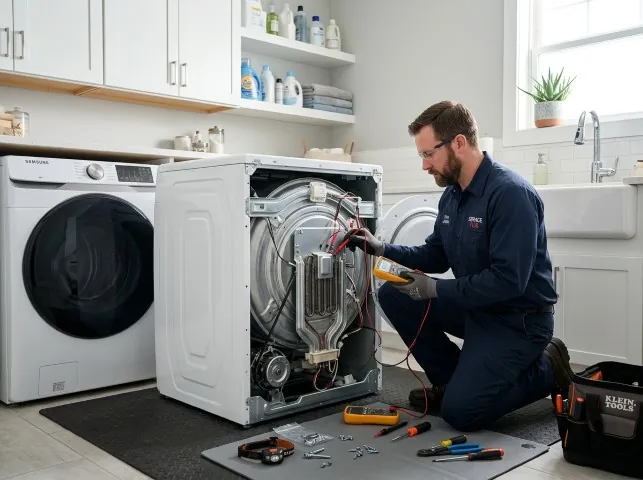 Appliance Repair Hero technician checking a dryer heating element with the rear panel off in Alto, MI