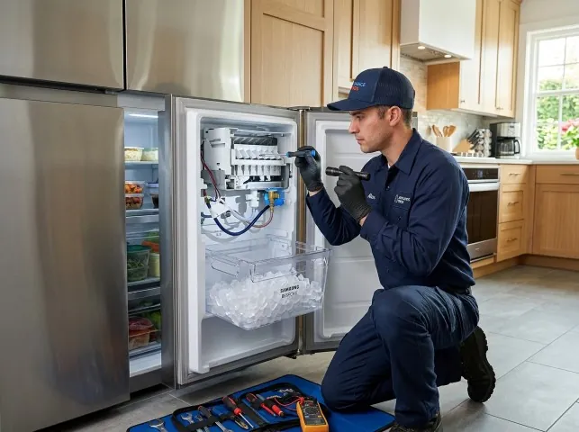 Appliance Repair Hero technician repairing a refrigerator ice maker in Alto, MI