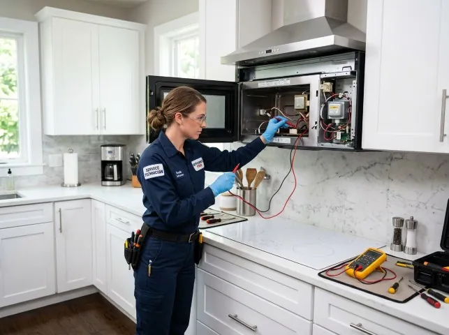 Appliance Repair Hero technician testing an over-the-range microwave in a Alto, MI kitchen