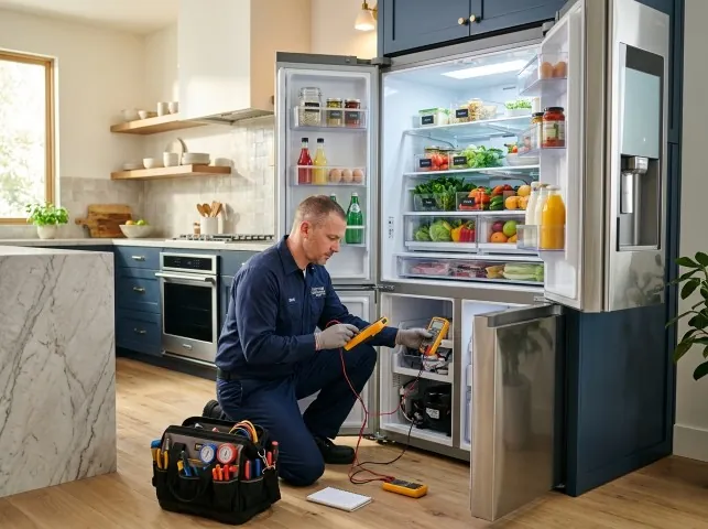 Appliance Repair Hero refrigerator technician testing a fridge on a Alto, MI service call