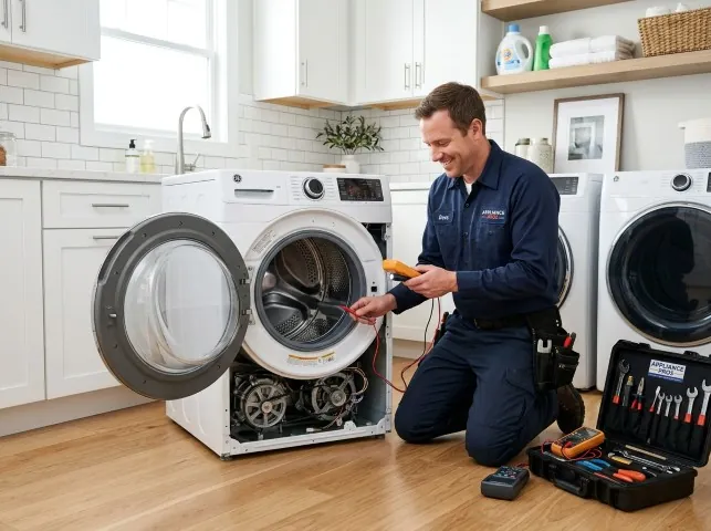 Appliance Repair Hero technician testing a front-load washer with a multimeter on a Alto, MI service call